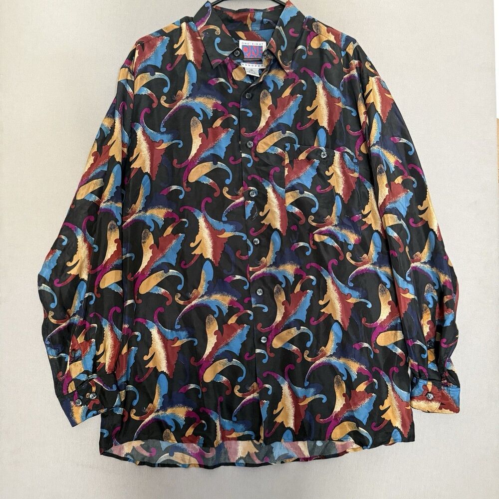 Vintage One Eight One 800 Shirt Mens Medium Abstract Silk Button Up  Retro Y2K